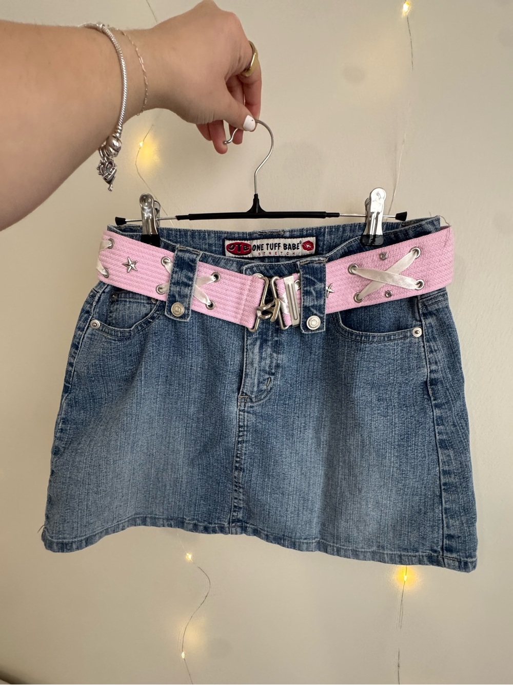 Vintage Y2K Blue Denim Mini Skirt with Pink Accent Belt